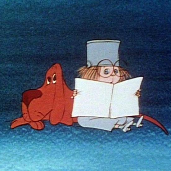 Tegning af dreng, der læser og hund