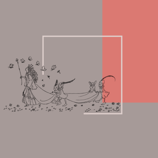 Tegning af en dronning og en række små alfer, der bærer hendes kåbe