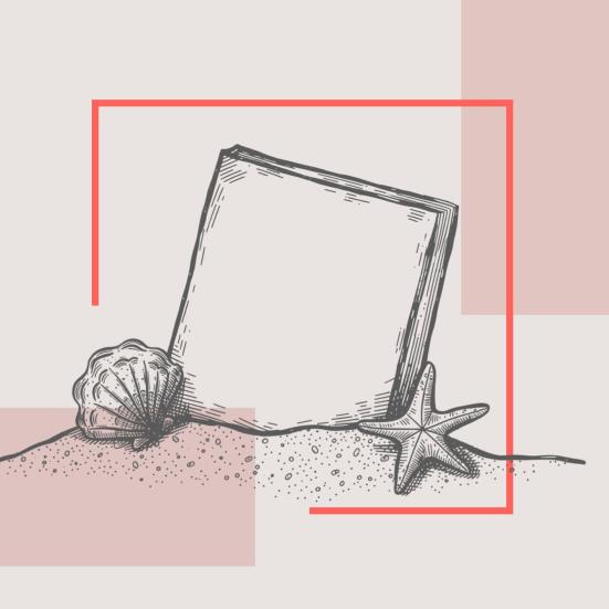 Illustration af en bog i sandet med en musling og en søstjerne.