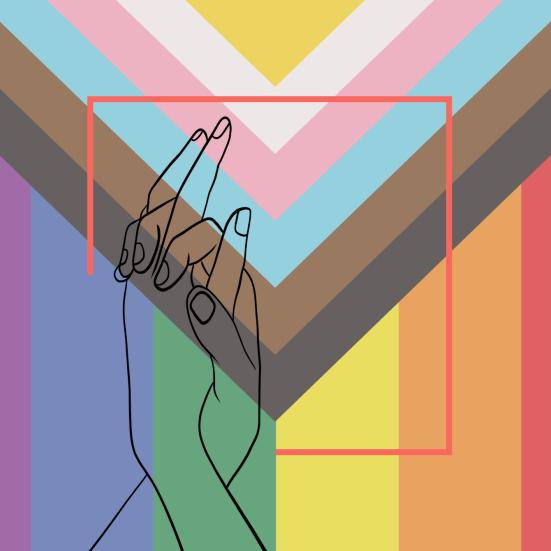 To hænder i stregtegning med krydsede fingre foran en farverig pride-baggrund.