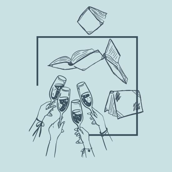 Illustration af hænder, der skåler med champagneglas under flyvende bøger.