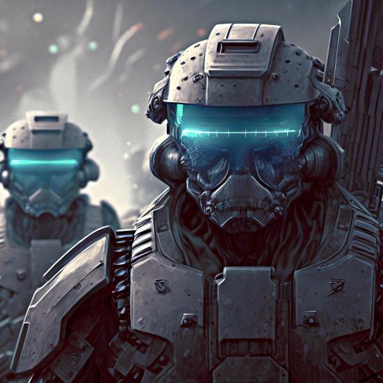 Truende robotsoldater går mod skærmen.